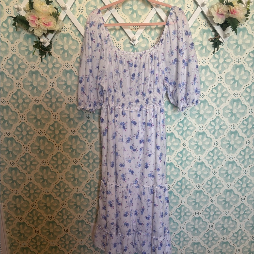 Love shack fancy Floral Blue and White Maxi Dress
